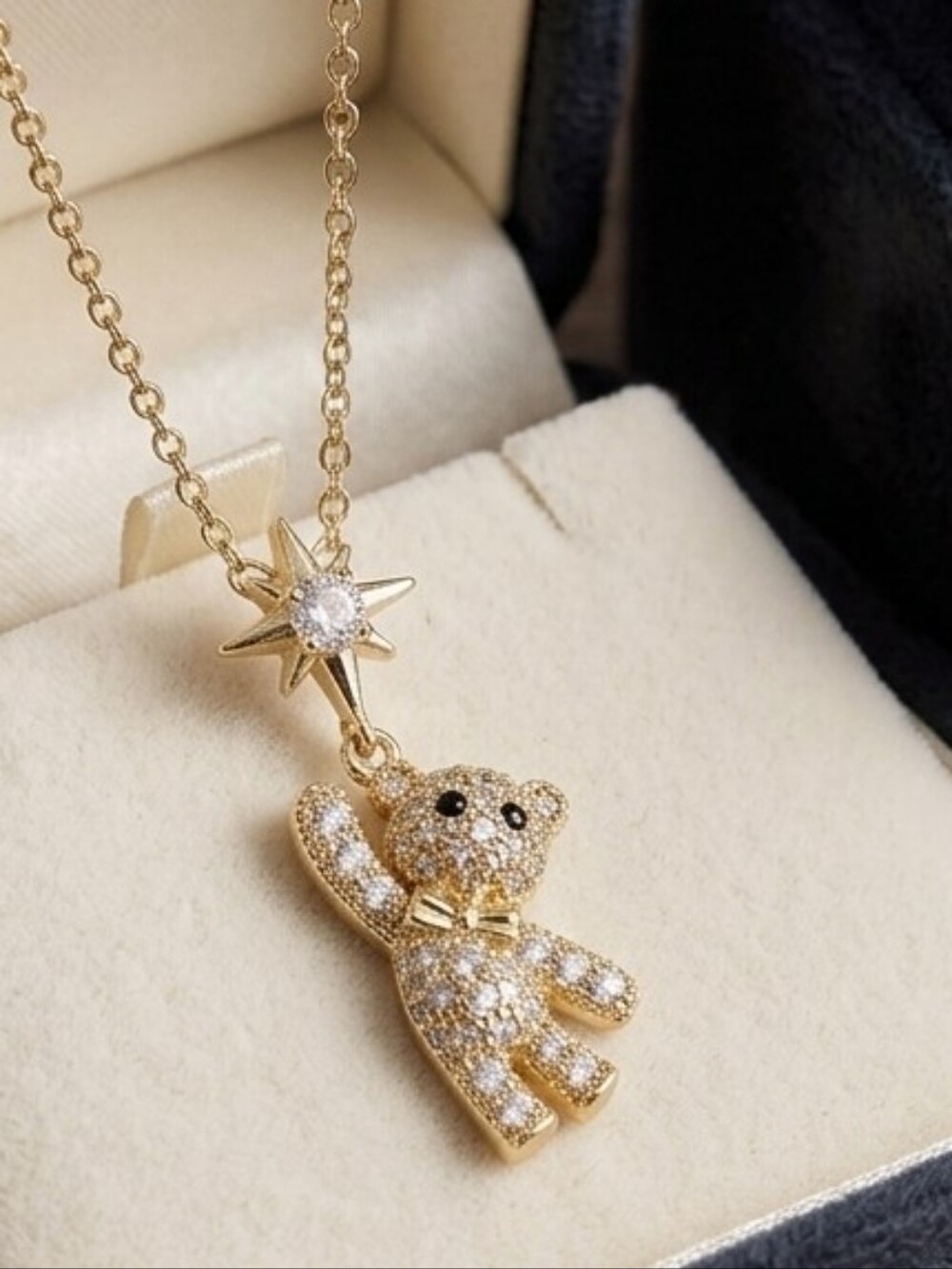 Gold Teddy Bear Star Pendant Necklace - Sparkling Zirconia Accent